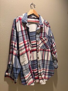 Maurices 2X Blue Red Plaid Flannel Shacket Cotton Button Down Plus Size Top